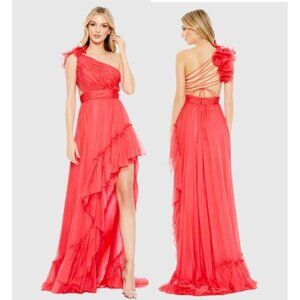 New Mac Duggal Size 12 Pink 67989 One Shoulder Ruffle Lace Up Back Gown Dress